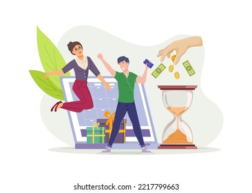 Happy business people getting for work done on time. Colleagues finishing successful project, business team working together with hourglass and schedule Reward program, business award flat vector