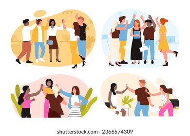 Happy business people give high five set vector illustration. Cartoon scenes with teams of employees in office workplace, colleagues celebrate success teamwork and project, victory and achievement