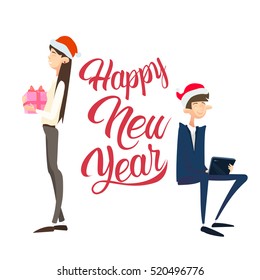 Happy Business People Hold Present Box Gift Merry Christmas And Happy New Year Flat Vector Illustration