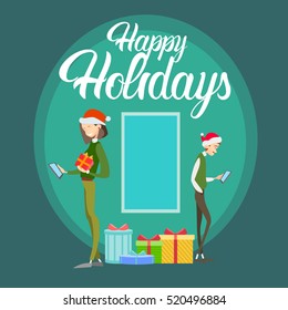 Happy Business People Hold Present Box Gift Merry Christmas And Happy New Year Flat Vector Illustration
