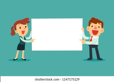 Happy business people holding blank sign. Business presentation or announcement