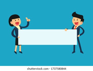 Happy business people holding blank sign. Business presentation and announcement concept. vector illustration