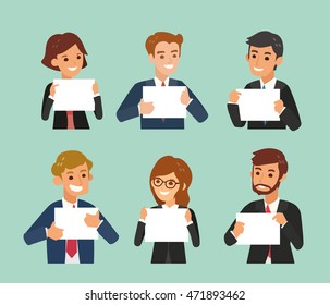 happy business people holding a blank white sign board vector cartoon illustration