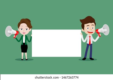 Happy business people holding a megaphone and holding blank paper sign, Business presentation or announcement, Cartoon vector illustration