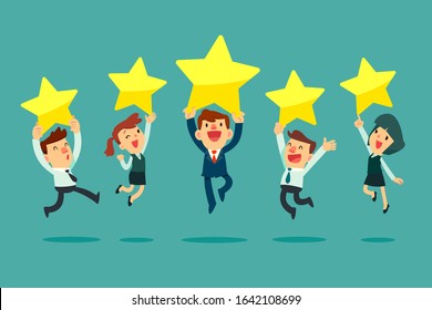 Happy business people jumping and holding golden review stars. Rating business concept.