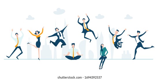 Happy business people jumping, running  and celebrating success. Set of figures.
