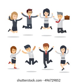 Happy business people jumping. Team work.Group of businessman and businesswoman people. Busness infographic elements. Office people jumping celebrating victory- Flat vector illustration  