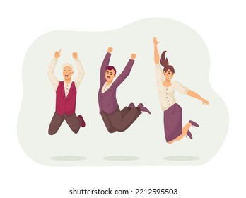 Happy business people jumping with their hands raised. Employees business team celebrating goal achievement or project completion. Challenge, business success, collaboration cartoon vector