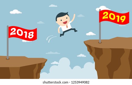 Happy business people jumping from year 2018 to new year 2019. success business concept vector illustration. Creative concept. Vector illustration