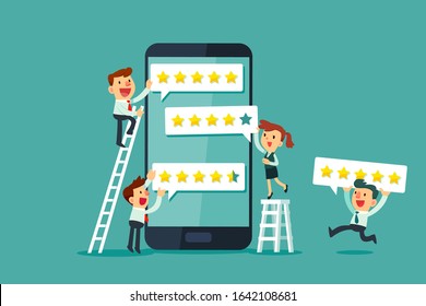 Happy Business People Leaving Five Star Rating On Smartphone Screen. Customer Review Business Concept.