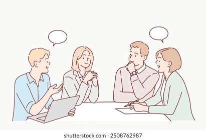 Happy, business people and meeting with laptop in office for communication of company strategy and goals. Hand drawn style vector design illustrations.