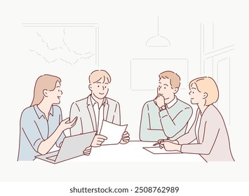 Happy, business people and meeting with laptop in office for communication of company strategy and goals. Hand drawn style vector design illustrations.