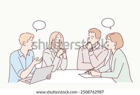 Happy, business people and meeting with laptop in office for communication of company strategy and goals. Hand drawn style vector design illustrations.