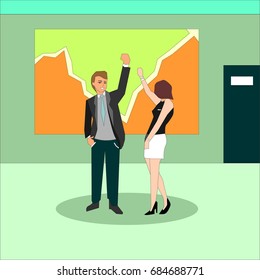 Happy business people at the office with arms up. Business success celebration concept illustration vector.
