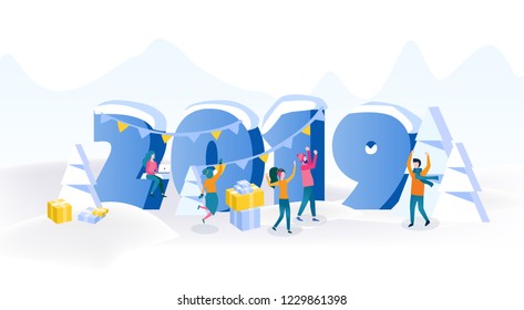 Happy business people, Office Team are engaged in decoration, Christmas tree, presents, Flat isometric vector illustration, Preparing to meet the New Year 2019, happy holiday! big number.