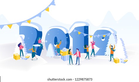 Happy business people, Office Team are engaged in decoration, Christmas tree, presents, Flat isometric vector illustration, Preparing to meet the New Year 2019, happy holiday! big number.