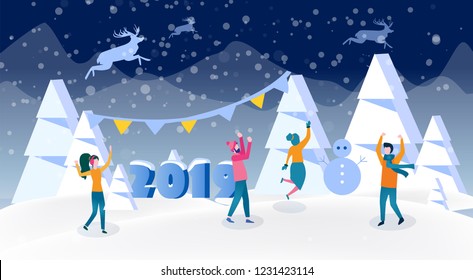 Happy business people, Office Team are engaged in decoration, Flat vector illustration, Preparing to meet the New Year 2019, happy holiday! big number. For web page, banner, presentation, social media