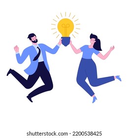 Happy business people or office workers in jump. Successful team with idea sign. Award ceremony for winners. Quality mark with bulb. Gender equality. Vector illustration