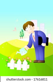 Happy Business People - on a background of blue sky and green grass : vector illustration