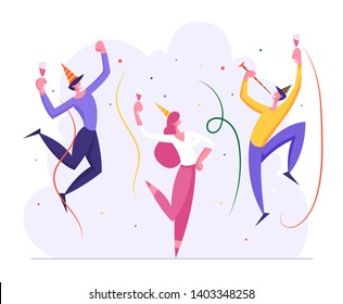 Happy Business People Party Celebration. Cheerful Man and Woman Characters Celebrating New Year, Christmas, Birthday with Confetti and Champagne Glass. Vector flat illustration