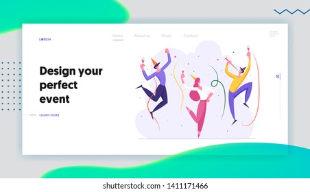 Happy Business People Party Celebration Landing Page. Cheerful Man and Woman Characters Celebrating New Year, Christmas, Birthday with Confetti and Champagne Glass Web Banner. Vector flat illustration