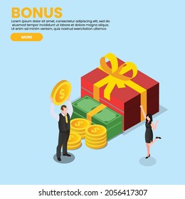 Happy business people recieving gifts 3d isometric vector illustration concept for banner, website, landing page, ads, flyer template