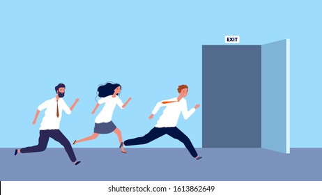 Happy business people run to exit. Weekend started, work day ended. Evacuation vector illustration