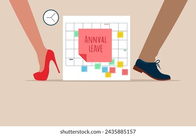 Happy business people running from calendar with annual leave note. Annual leave, schedule reminder of annual leave. Flat vector illustration.