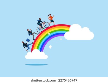 Happy business people running on colorful rainbow in the sky. Inspiration to be success, imagination and creativity to build hope and bright future, positive thinking to find opportunity. Vector