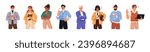 Happy business people set. Senior businesswoman, glad businessman in office suit. Multiethnic workers, employee group positive gesturing. Men and women boss. Flat isolated vector illustration on white