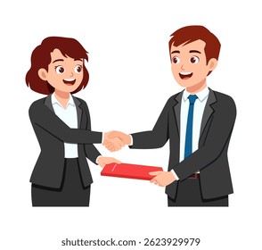 Happy Business People Shaking Hands and Woman Giving a Red Envelope, Cartoon Style