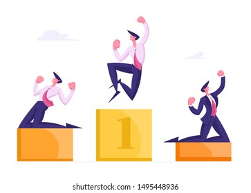 Happy Business People Stand on Winners Pedestal with Hands Up Crying Yeah. Cheerful Men Workers with Most Great Result Best Employee Managers Celebrate Successful Deal. Cartoon Vector Illustration