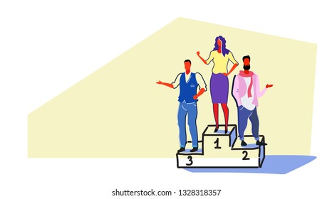 happy business people standing winners podium successful businesswoman first place corporate success victory concept full length colorful sketch doodle horizontal