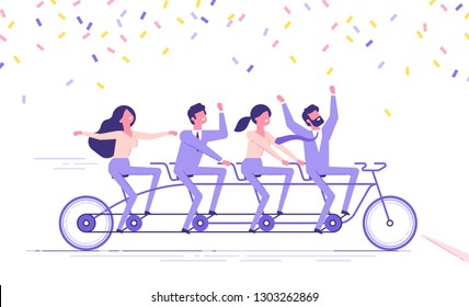 Happy business people team is riding fast on a four-person tandem bike and crossing finish line. Team building and goals achievement concept. Modern vector illustration.