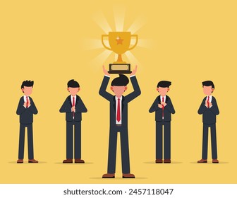 Happy business people, team success and leadership concept. Businessman holding golden cup and celebrating achievement of goals with his colleagues.