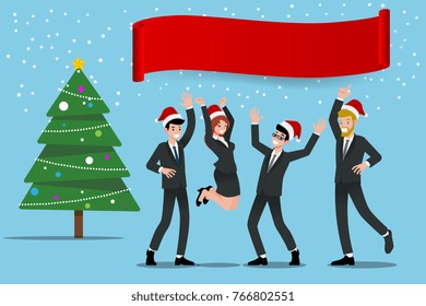 Happy business people wear the santa hat and celebrating with their team in Chrismas party, vector illustraton design.
