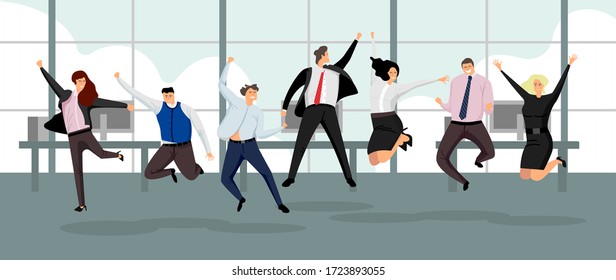 Happy business people. Winning and leadership concept in flat style. Successful business people jumping with raised hands in various poses. Cheerful team celebrating in office vector illustration. - Shutterstock ID 1723893055