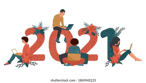 Happy Business People Working On Laptops. Office Team In The New Year 2021. Or Young Women And Men Study On The Eve Of The Holidays. Cozy Vector Illustration