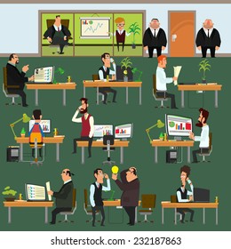 Happy business people working on office. people working in the office each in their workplace. Corporation. vector illustration. open space office building with working people.