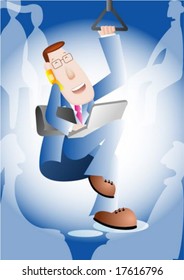 Happy Business People - working with young male in commuter bus on blue background