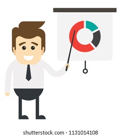 
Happy business person with presentation pointer in his hand, pointing on a pie chart providing business presentation concept 
