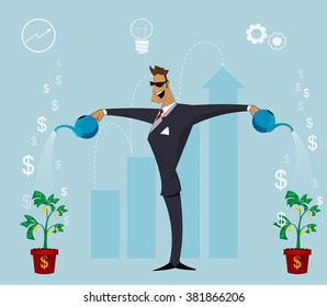 Happy  business person watering growing plant with money flower. Growing business concept. Personal effectiveness, profit, growth rates conception. Vector cartoon design