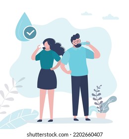 Happy business persons drinking clean bottled water, purifying liquid. People drinking water at time break. Healthy lifestyle. Pure aqua. Flat vector illustration