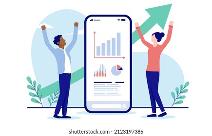 Happy with business results - Two people cheering and celebrating business success in front of phone with positive chart and rising arrow. Business success concept, vector illustration