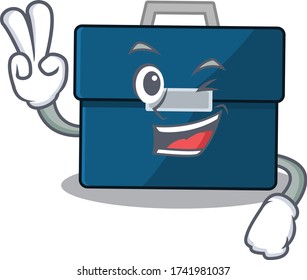 Happy business suitcase cartoon design concept show two fingers