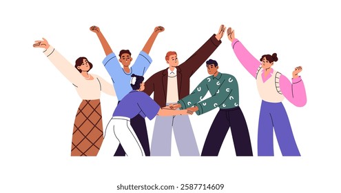 Happy business team celebrates success in work. Joyful people hands up, give high five for rejoice at teamwork win. Group of employees has fun together. Flat isolated vector illustration on white