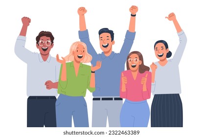 Happy business team celebrating victory. Colleagues rejoice in success and achievements. The concept of successful teamwork. Vector illustration in flat style