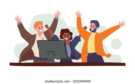 Happy business team, colleagues rejoicing success, achievement, victory, progress at work together. Good successful teamwork concept. Flat graphic vector illustration isolated on white background.