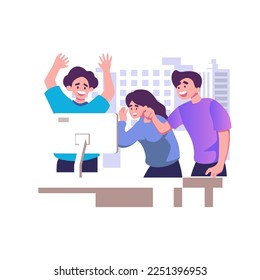 Happy business team, colleagues rejoicing success, achievement, victory, progress at work together. Good successful teamwork concept. Flat graphic vector illustration isolated on white background