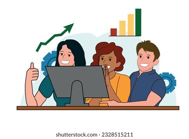 Happy business team, colleagues rejoicing success, achievement, victory, progress at work together. Good successful teamwork concept. Flat graphic vector illustration isolated on white background.